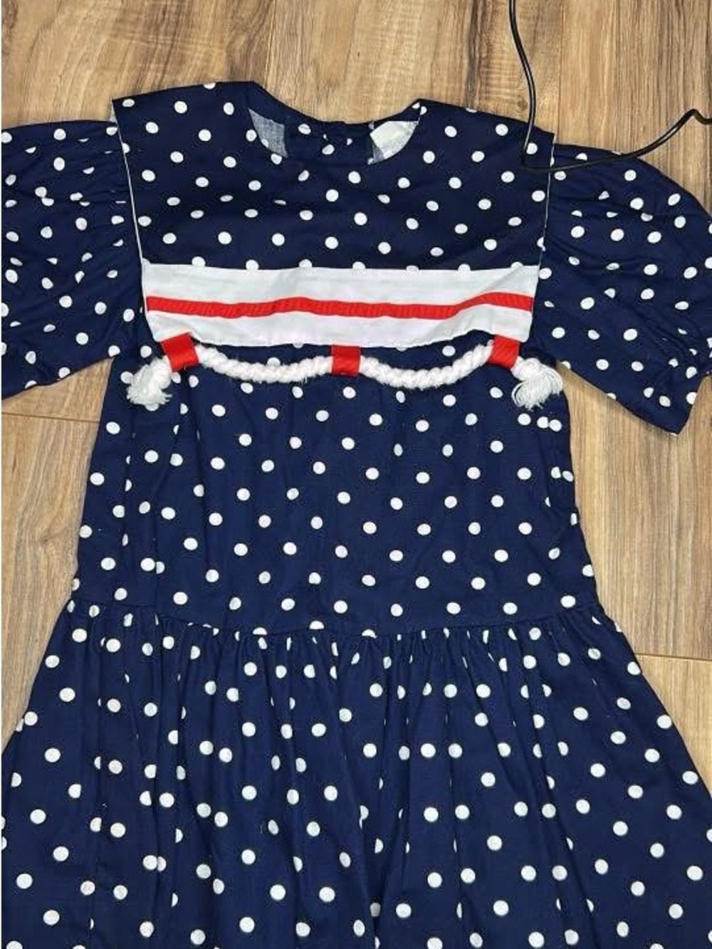 Bonnie Jean Navy and White Polka Dot Dress with Red Trim